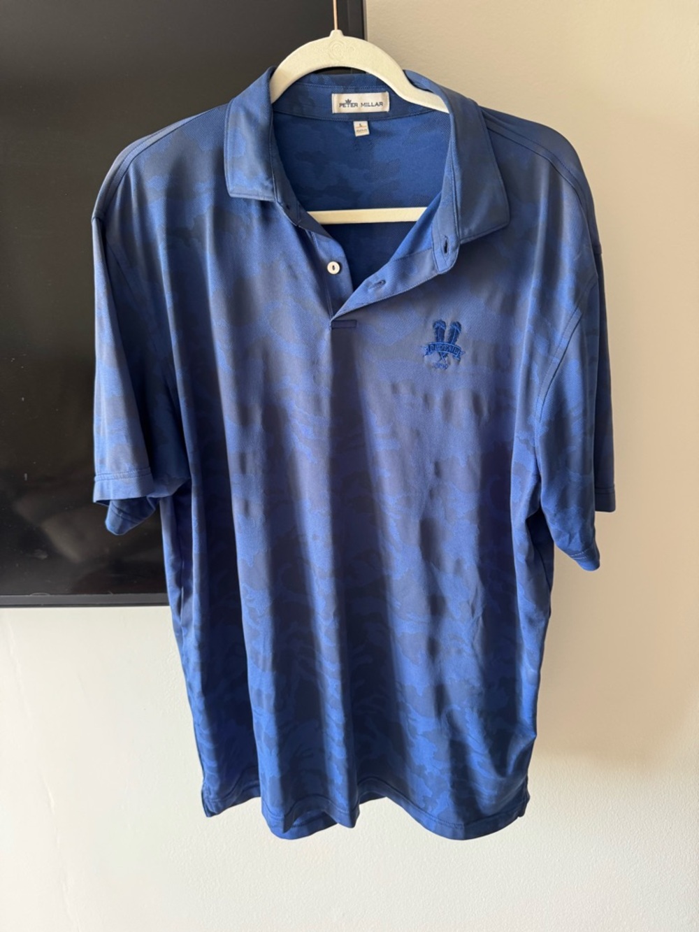Peter Millar Navy Blue Short-Sleeve Polo with Tonal Pattern